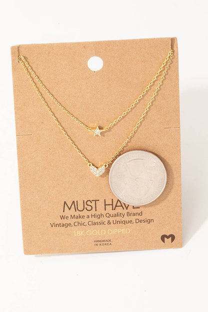 Layered Chain Pave Heart Star Necklace