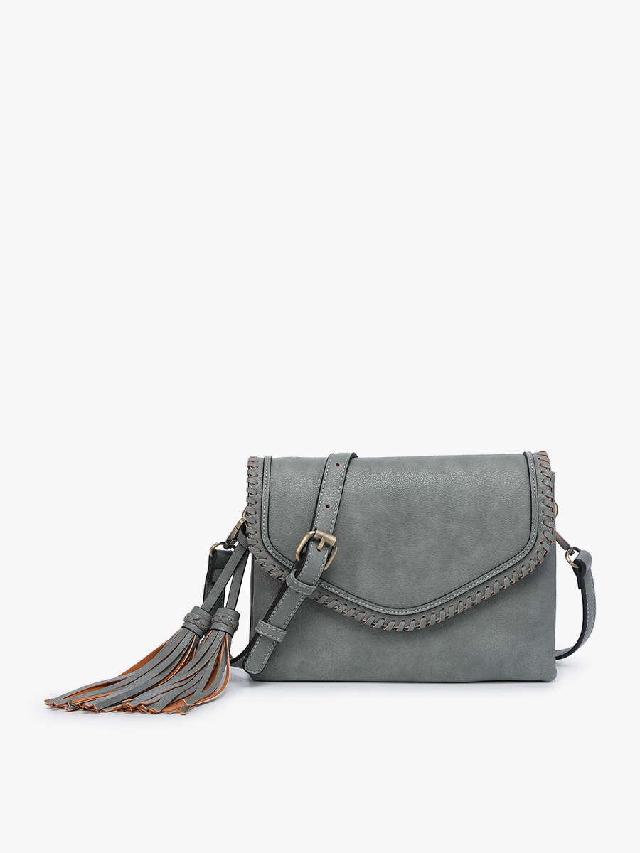 Sloane Flapover Crossbody w/ Whipstitch and Tassel: Black