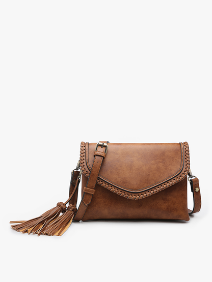 Sloane Flapover Crossbody w/ Whipstitch and Tassel: Black