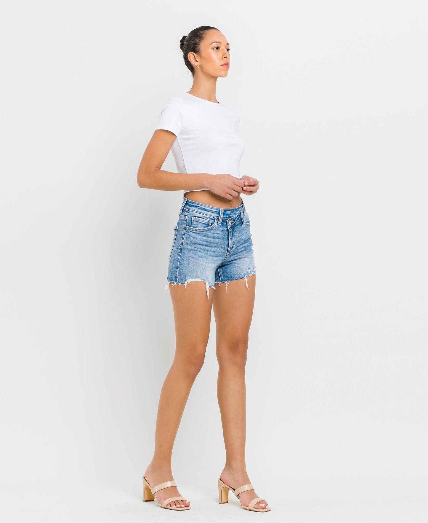 THE ANNA-HIGH RISE DISTRESSED CRISS CROSS SHORTS