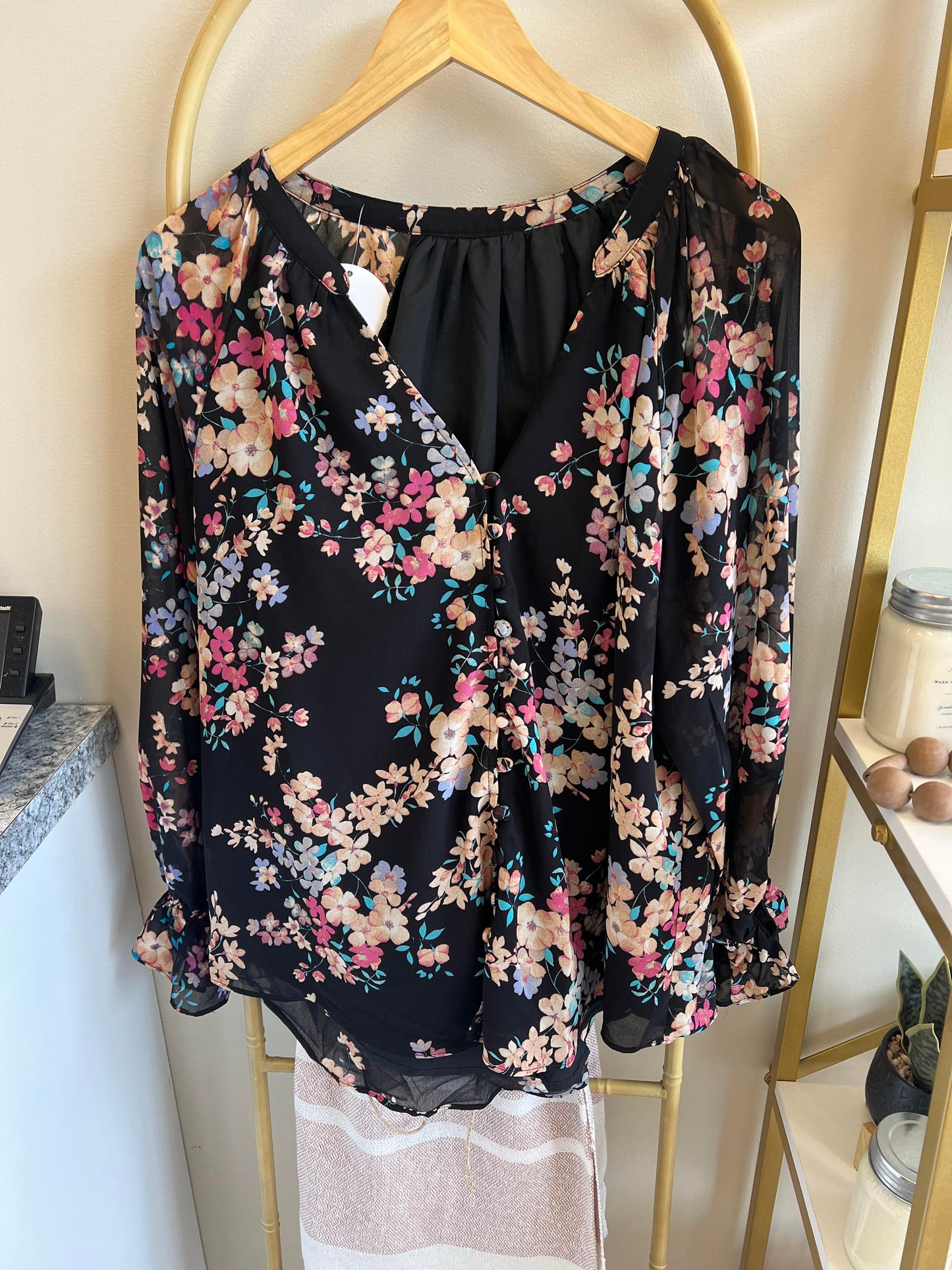 Black Wildflower Print Chiffon Blouse