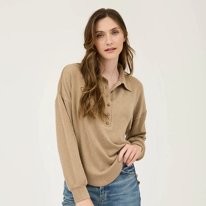 Plus Pinstripe Collared Half Button Knit Top