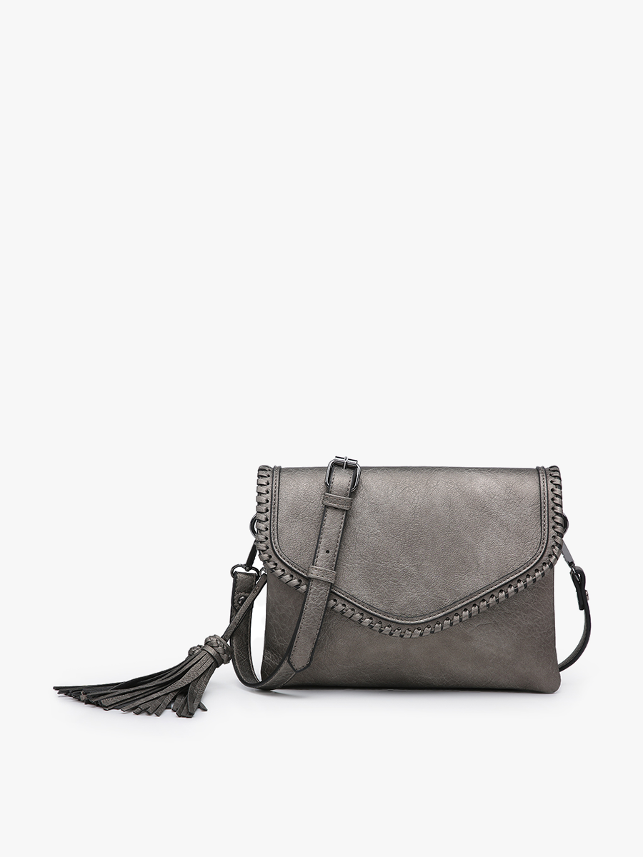 Sloane Flapover Crossbody w/ Whipstitch and Tassel: Black