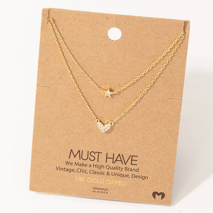 Layered Chain Pave Heart Star Necklace