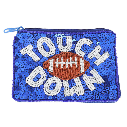 Game Day Football beaded Sequin Coin Bag: Blue White