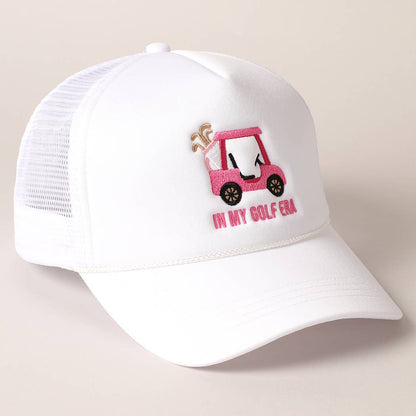 Golf Cart and In My Golf Era Embroidery Trucker Hat: ONE SIZE / White