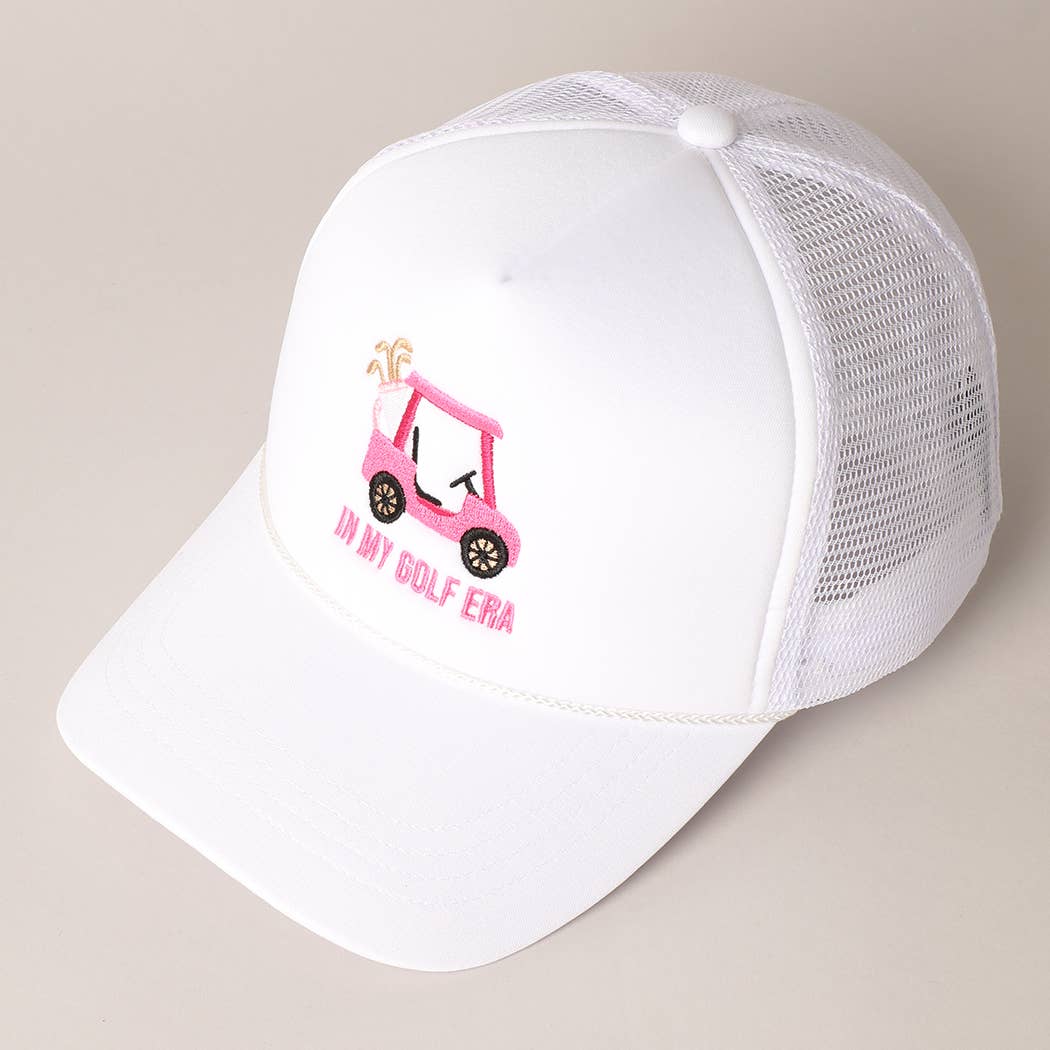 Golf Cart and In My Golf Era Embroidery Trucker Hat: ONE SIZE / White