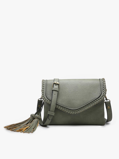 Sloane Flapover Crossbody w/ Whipstitch and Tassel: Black