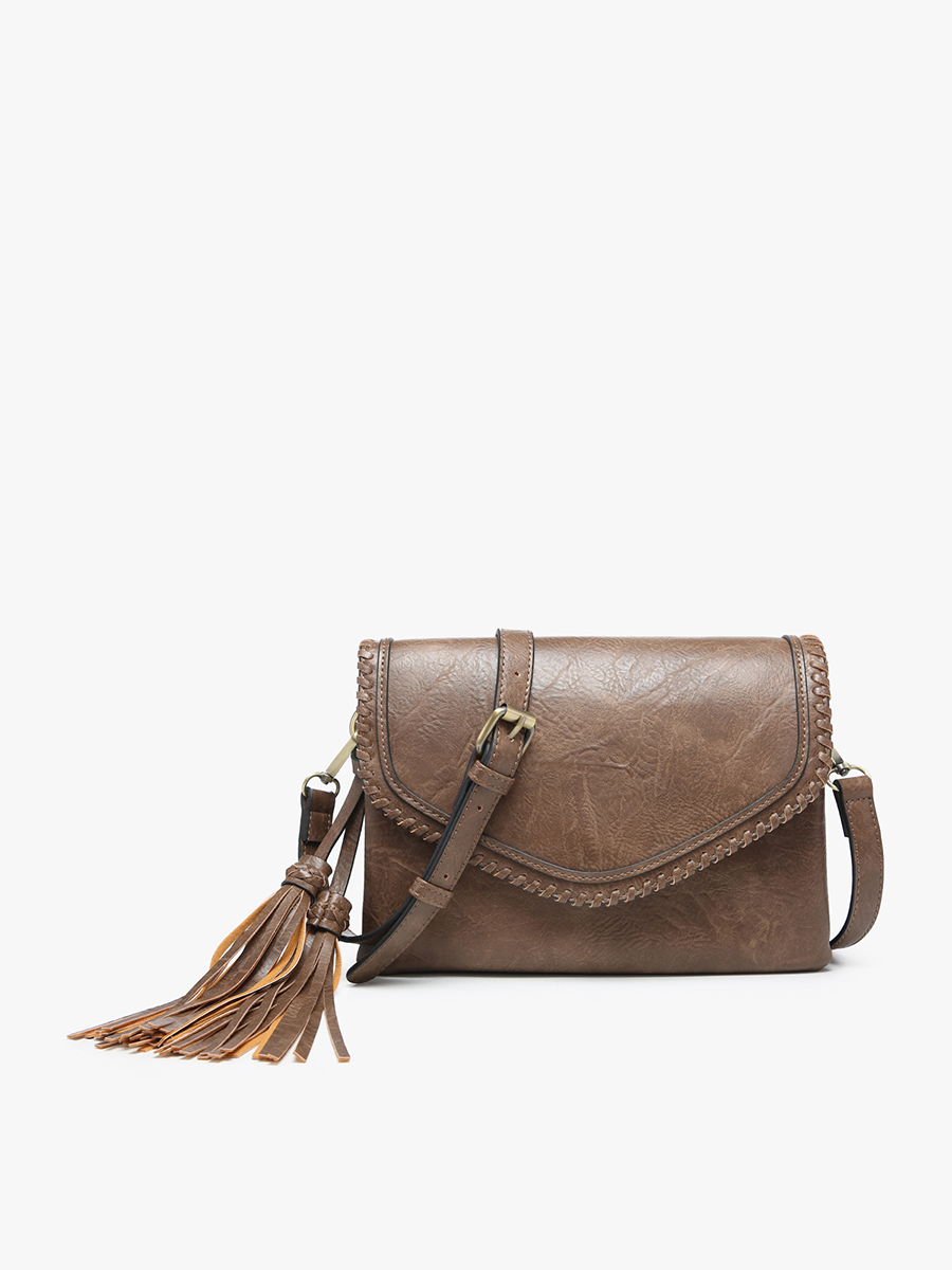 Sloane Flapover Crossbody w/ Whipstitch and Tassel: Black