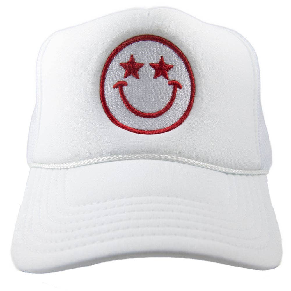 Star Eyed Happy Face Foam Trucker Hat: White