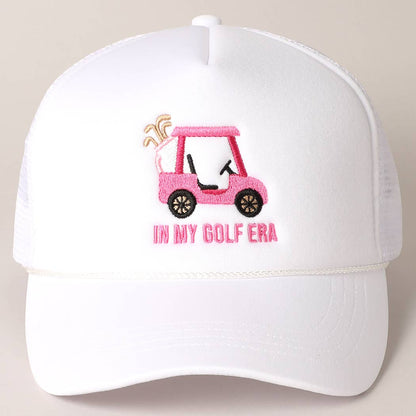 Golf Cart and In My Golf Era Embroidery Trucker Hat: ONE SIZE / White