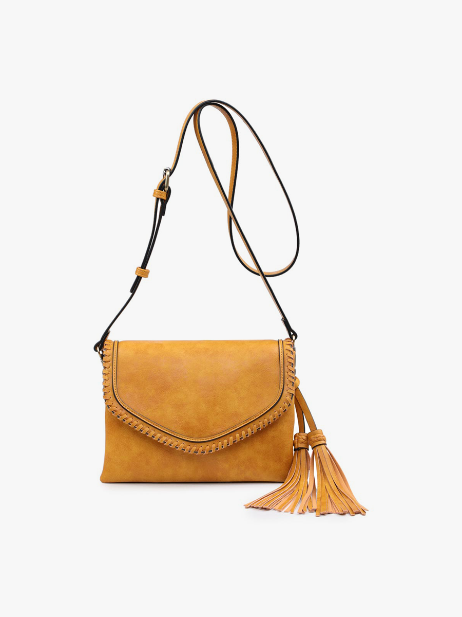 Sloane Flapover Crossbody w/ Whipstitch and Tassel: Black