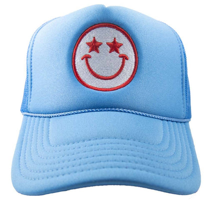 Star Eyed Happy Face Foam Trucker Hat: Colbalt Blue