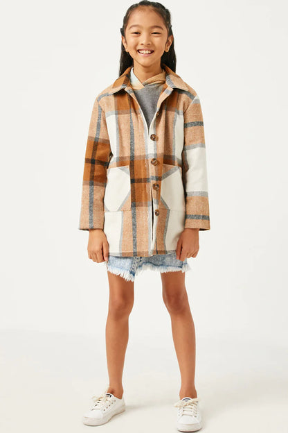 Girls Plaid Button Up Patch Pocket Coat