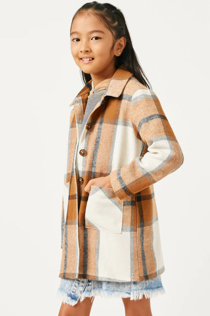 Girls Plaid Button Up Patch Pocket Coat