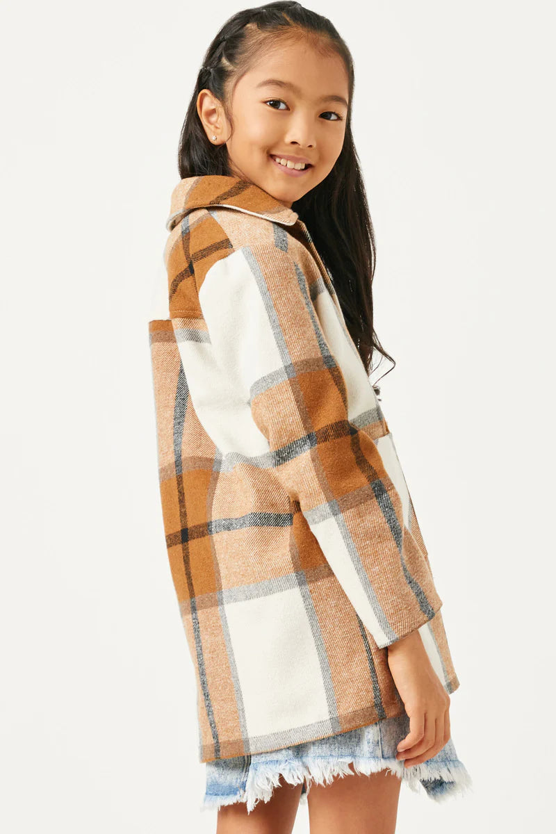 Girls Plaid Button Up Patch Pocket Coat