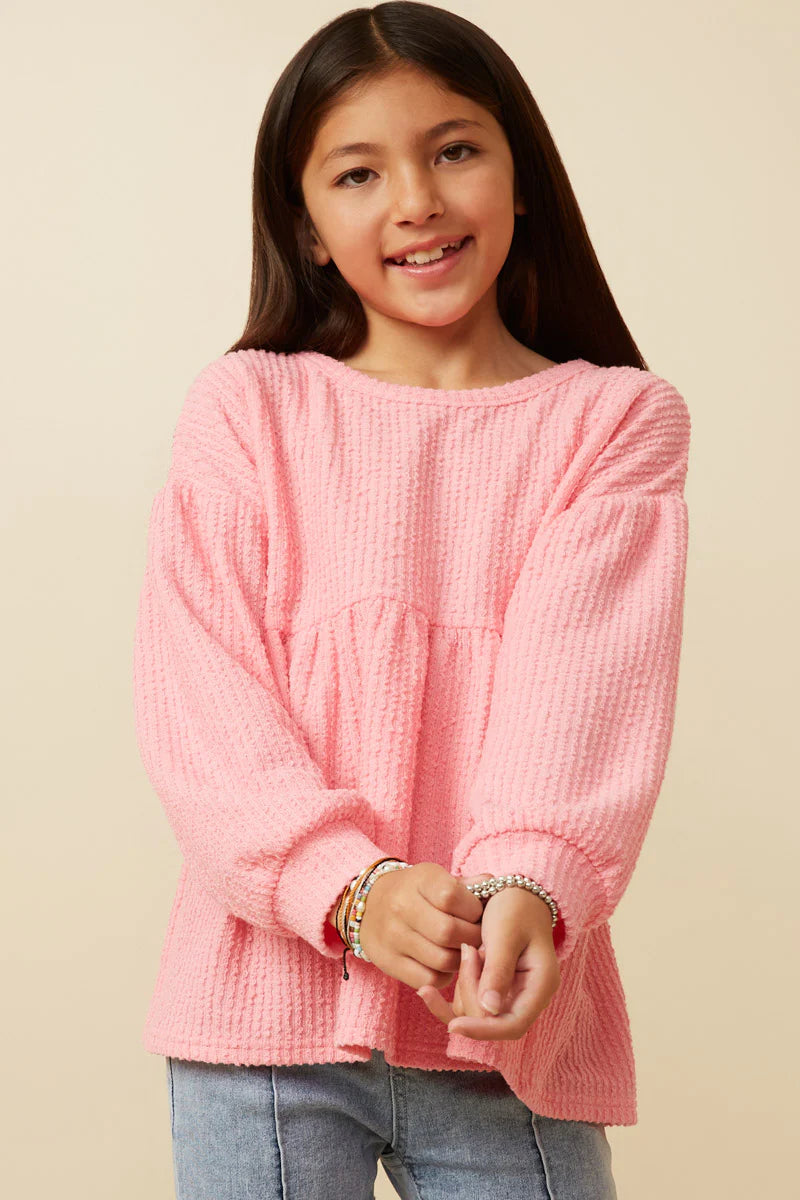 Girls Textured Brushed Rib Puff Sleeve Peplum Knit Top