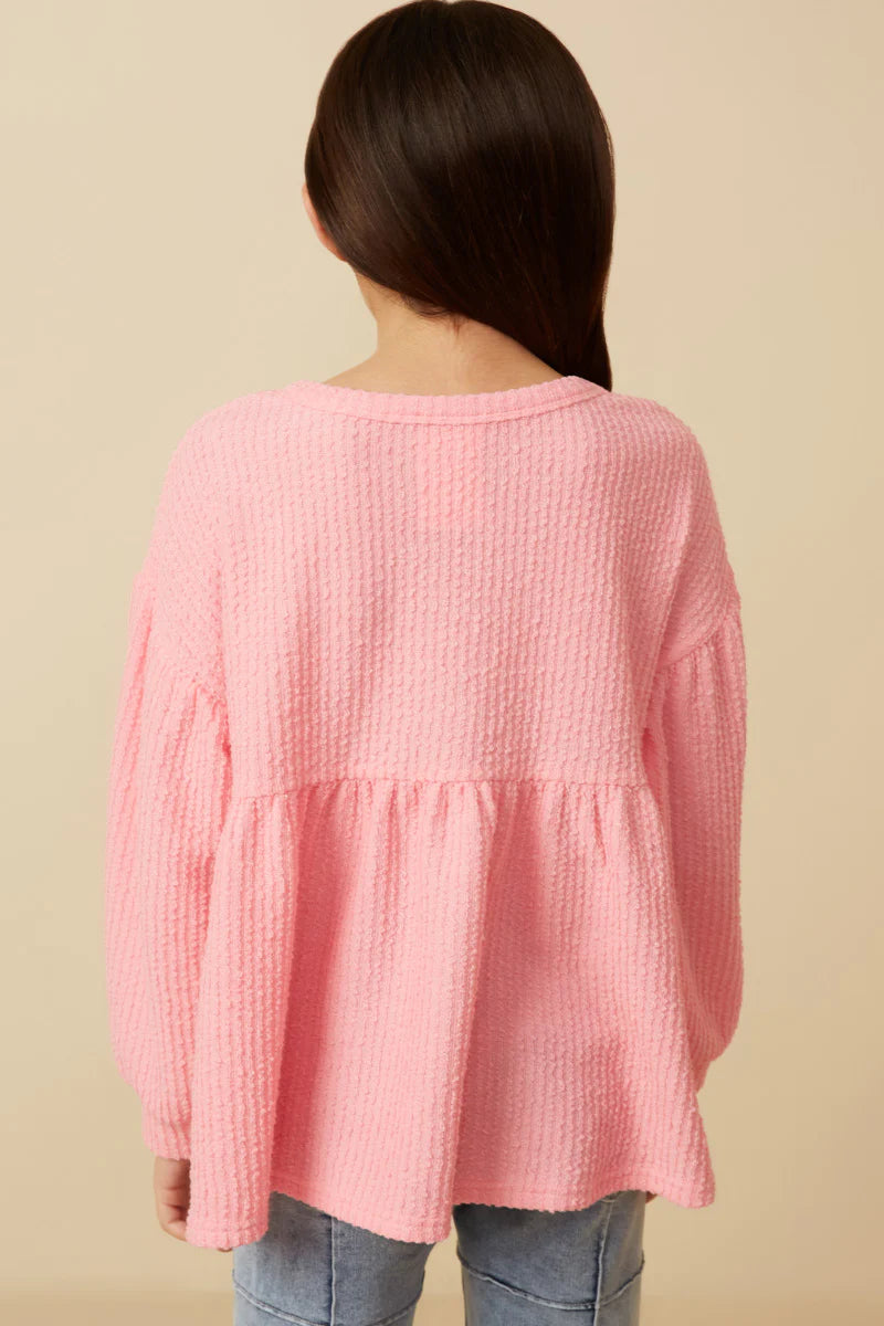 Girls Textured Brushed Rib Puff Sleeve Peplum Knit Top