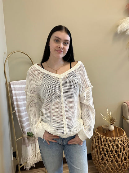 At Your Fingertips White Open Knit Sweater