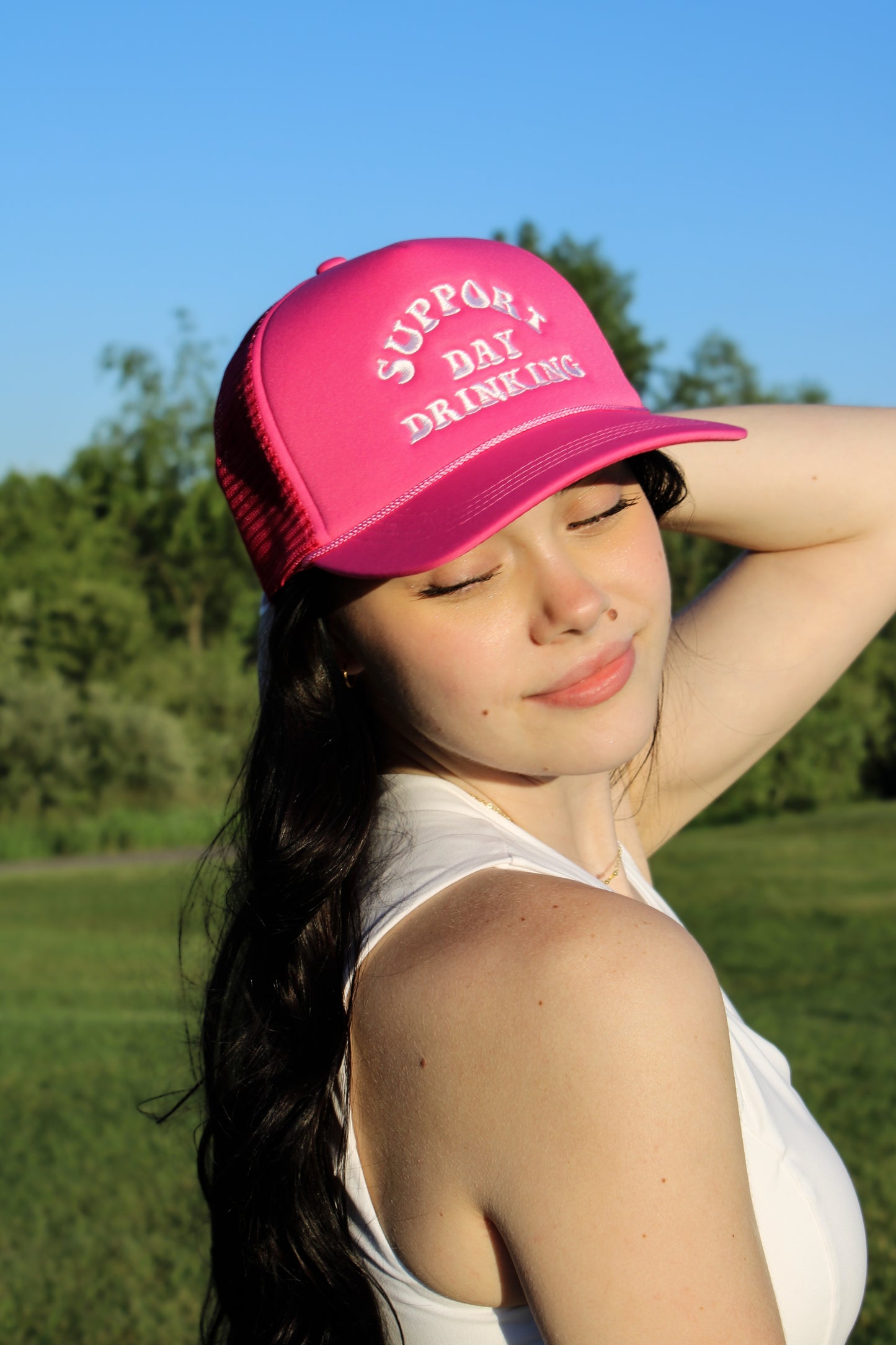 Support Day Drinking Embroidered Trucker Cap: One Size / FUCHSIA