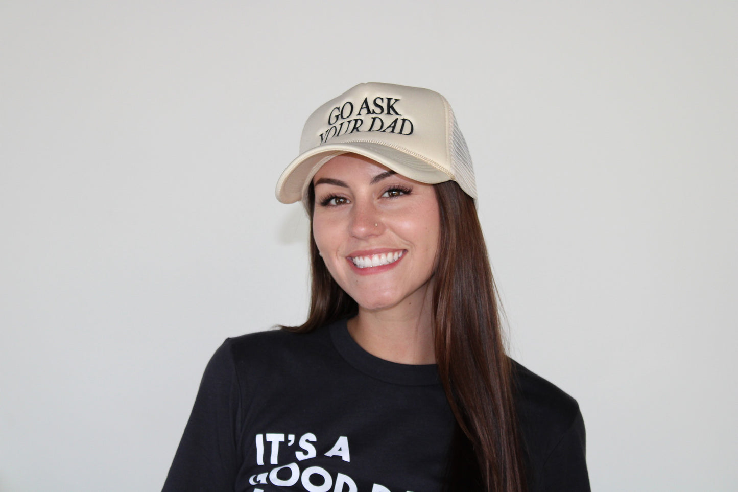 Game Day Trucker Hat, Embroidered, Go Ask Your dad: Solid Tan