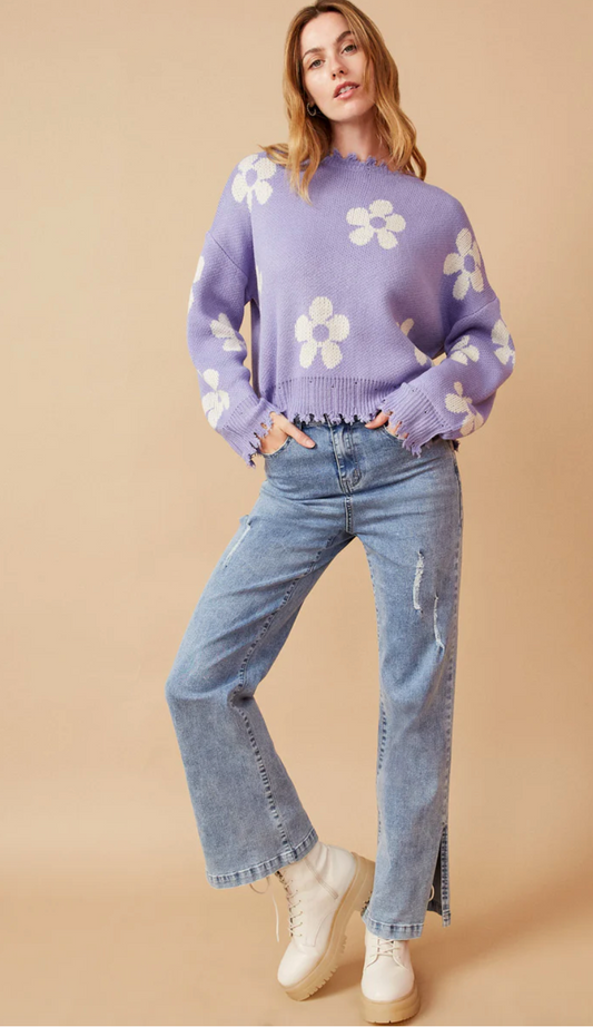 Daisy Dream Distressed Floral Sweater