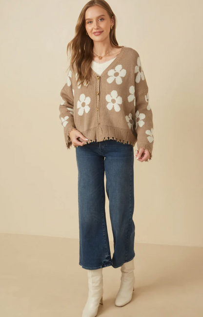 Distressed Floral Patterned Cardigan
