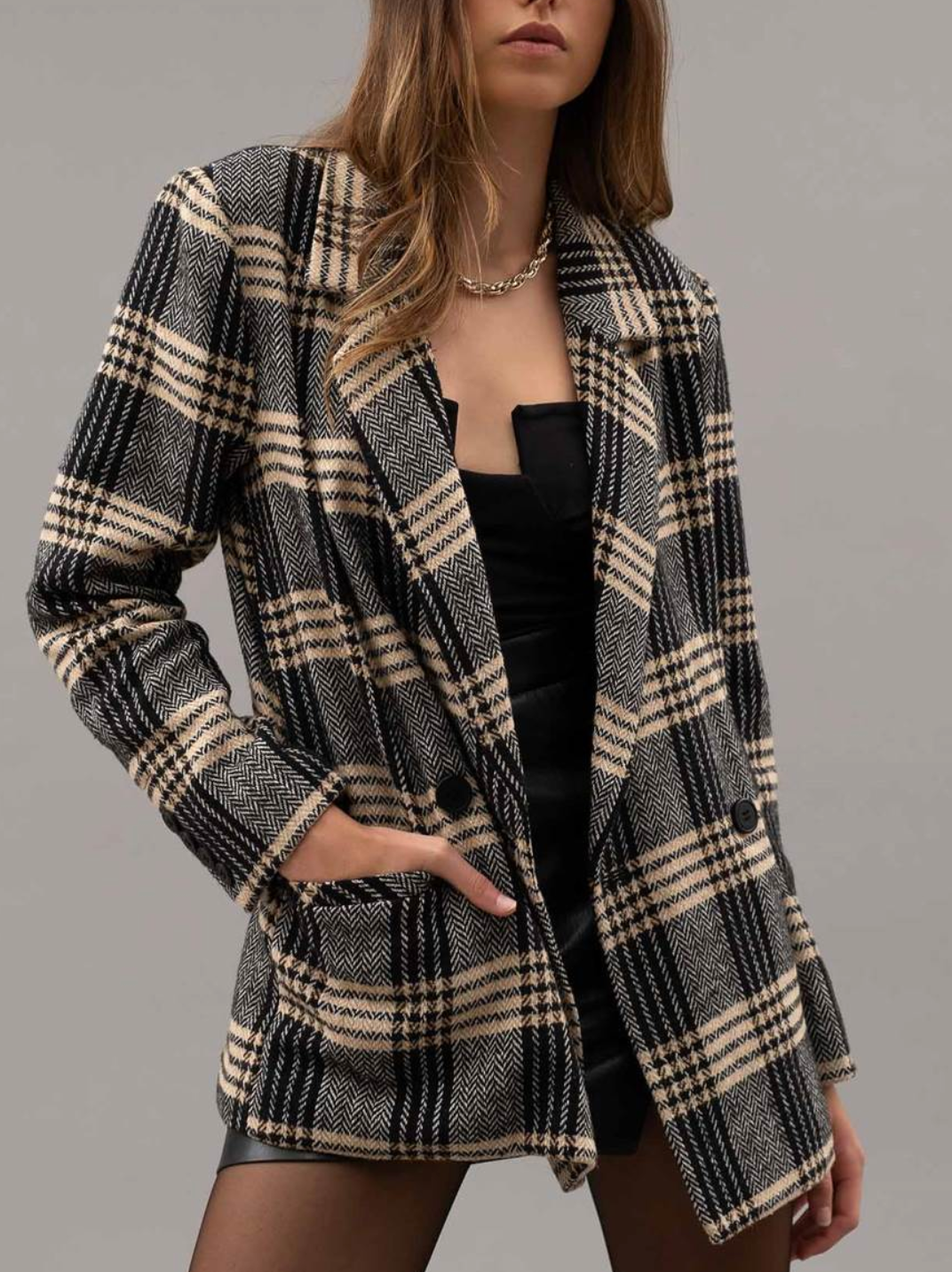 JUST IN PLAID LONG SLEEVE BLAZER