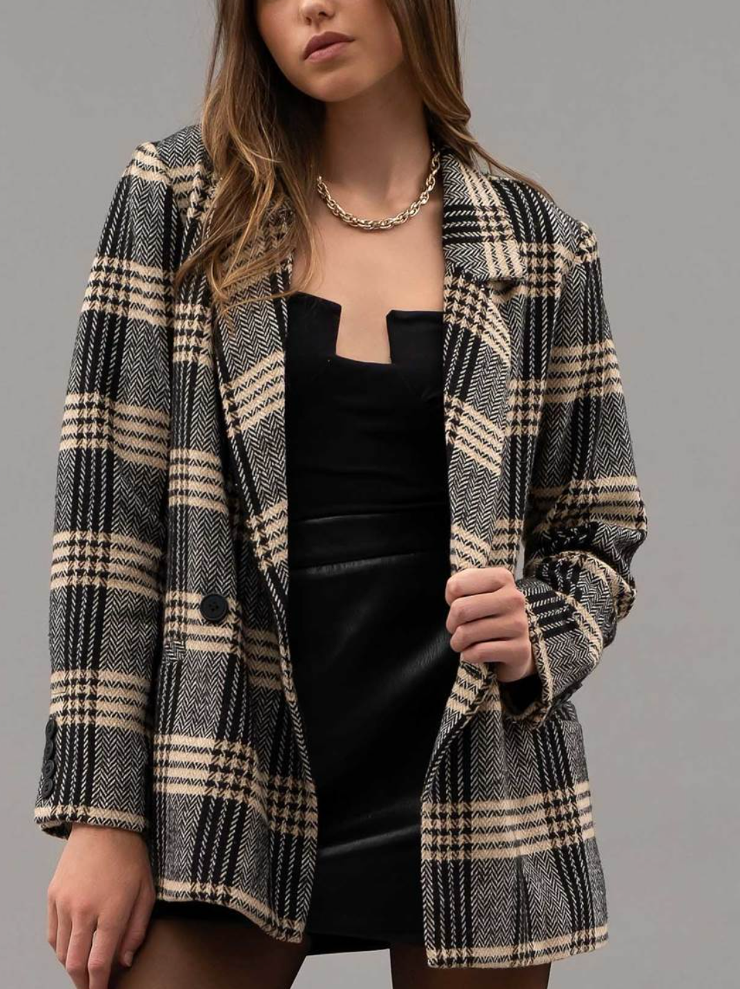 JUST IN PLAID LONG SLEEVE BLAZER