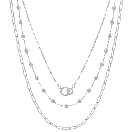 Triple Layered Chain and Rhinestone Circle Necklace