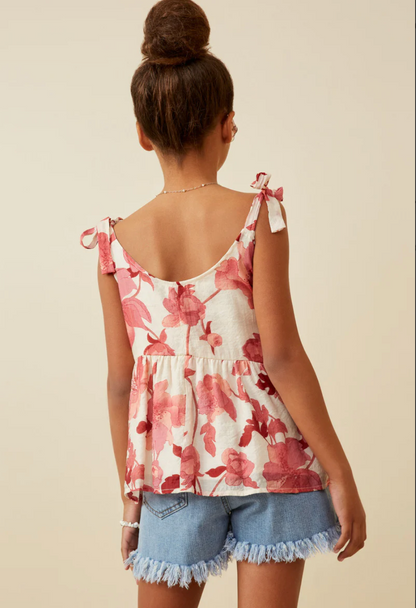 LIZZIE GIRLS FLORAL TIE SHOULDER TANK