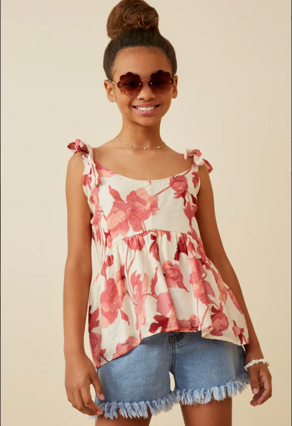 LIZZIE GIRLS FLORAL TIE SHOULDER TANK