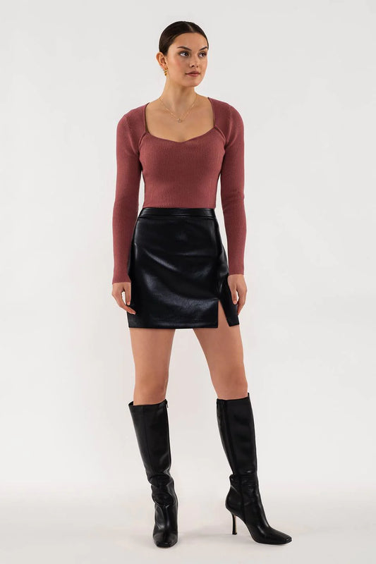 FROM THIS MOMENT RED-BEAN RIBBED LONG SLEEVE TOP