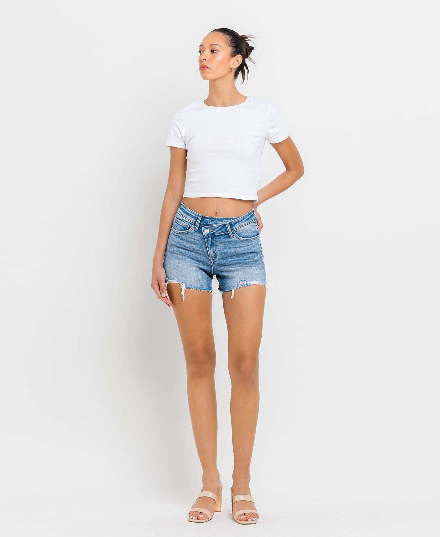 THE ANNA-HIGH RISE DISTRESSED CRISS CROSS SHORTS