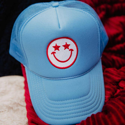 Star Eyed Happy Face Foam Trucker Hat: Colbalt Blue