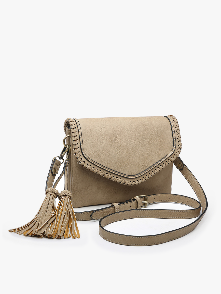 Sloane Flapover Crossbody w/ Whipstitch and Tassel: Black