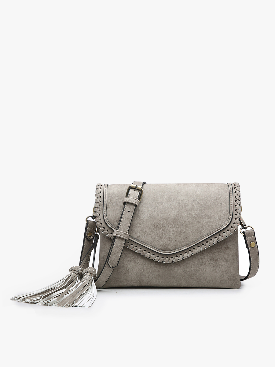 Sloane Flapover Crossbody w/ Whipstitch and Tassel: Black