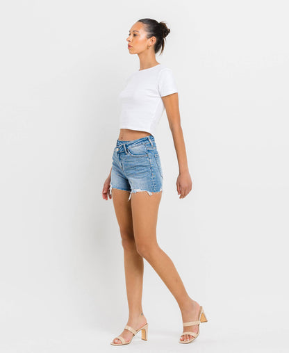 THE ANNA-HIGH RISE DISTRESSED CRISS CROSS SHORTS