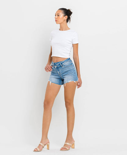 THE ANNA-HIGH RISE DISTRESSED CRISS CROSS SHORTS