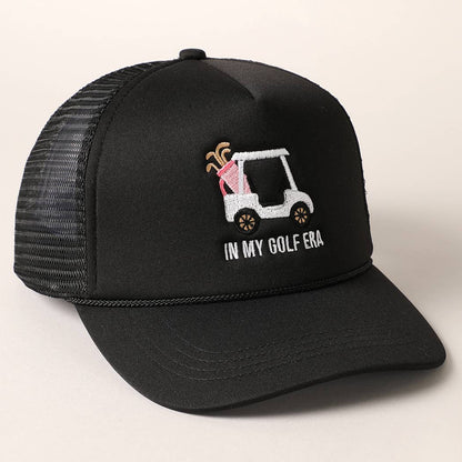 Golf Cart and In My Golf Era Embroidery Trucker Hat: ONE SIZE / Black