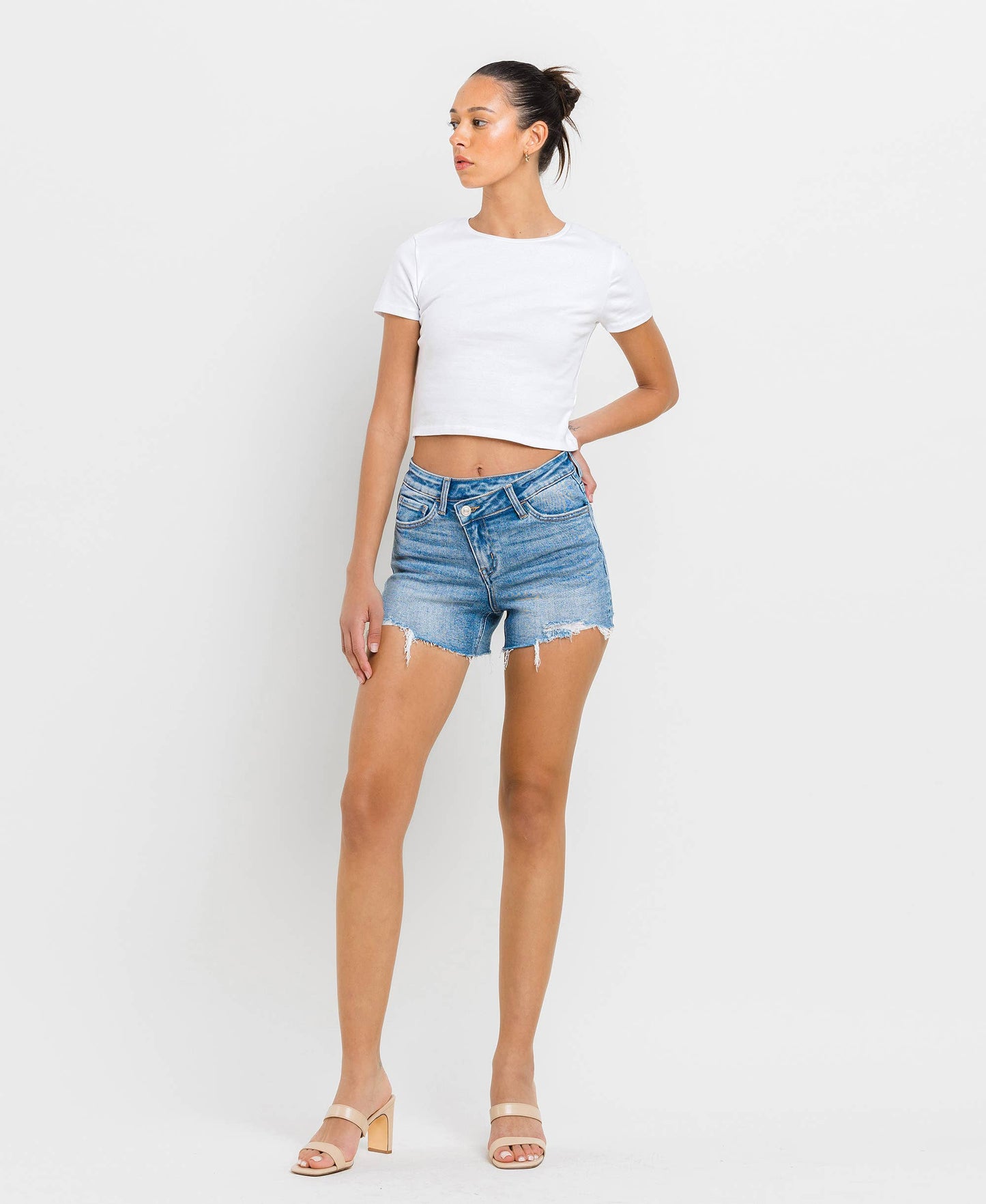 THE ANNA-HIGH RISE DISTRESSED CRISS CROSS SHORTS