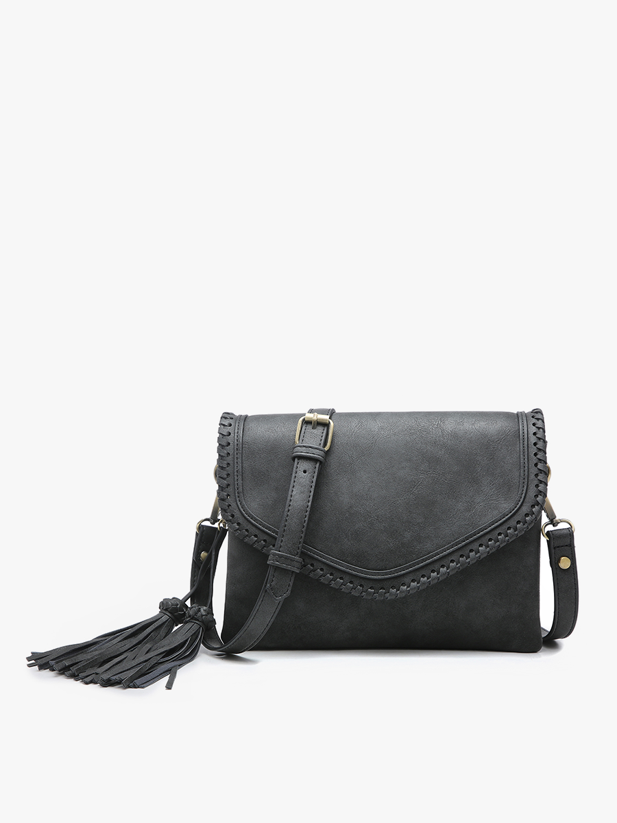 Sloane Flapover Crossbody w/ Whipstitch and Tassel: Black