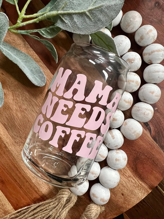 Mama Needs Coffee, Beer Can Glass, Iced Coffee, Glass Cup: 16oz / Light Pink