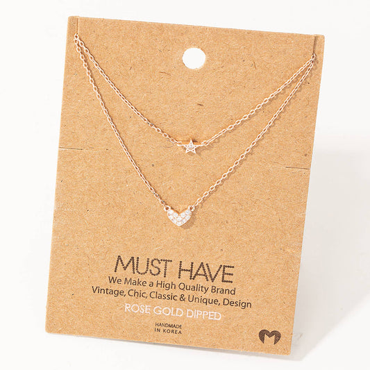 Layered Chain Pave Heart Star Necklace